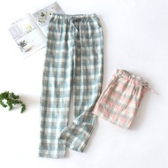 Couple Plaid Leisure Pajamas Long Pants Spring and Summer Men's and Women's Cotton Gauze Thin Cotton Linen Air Conditioning Pants Pants Sleeping Pants Outer Wear