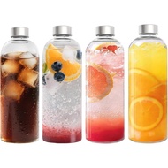 AIDODIA Water Bottle Glass Bottle 1 Litre, 4 Pieces Water Bottle Glass, Glass Bottle with Leak-Proof