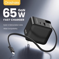 Orashare CR65C GaN 65W Fast Charger with USB-C Retractable Cable 3 Ports Fast Charge Foldable Plug