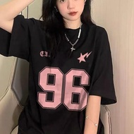 (Shipping within 24 hours) Oversized Black T-shirt with 96 Number and Pink Star Design