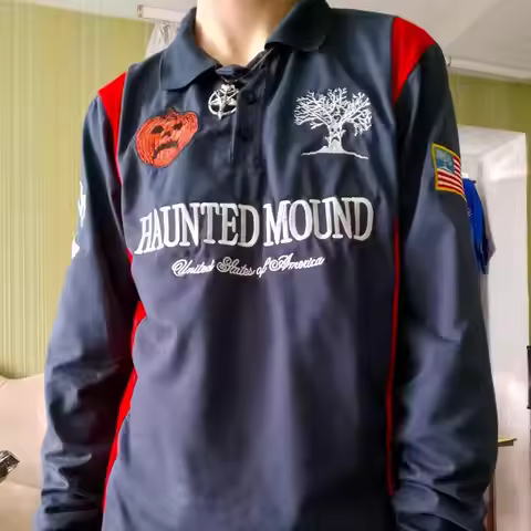 Haunted Mound Men Retro Long Sleeve Polo Shirt Y2k Casual America Patchwork Pattern Embroidery T Shi