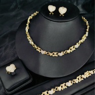 4pcs Women's Fashionable Gold-Plated XO Heart Bear Rhinestone Necklace, Earrings, Bracelet, Ring Jew