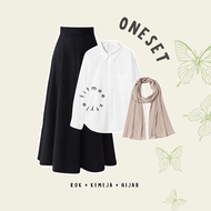 Mina Outfit Set 3in1 Simple ( Rok Payung Scuba + Atasan Kemeja Basic Wanita Katun + Hijab Square ) S