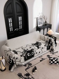 1入現代風格雪花絨防滑沙發套,全包式坐墊和桌布多功能毯子,適用於客廳、辦公室、室外,卡通貓紋