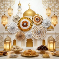 8/6pcs 2026 Hari Raya Paper Fans Set Eid Mubarak Party Background Wall Decoration Ramadan Decor