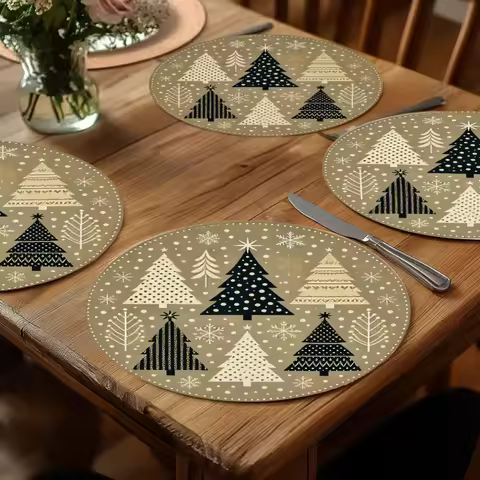VIKAMA 4PC Khaki Bottom Christmas Tree Snowflake Placemat Khaki Christmas Tree Dining Table Restaura
