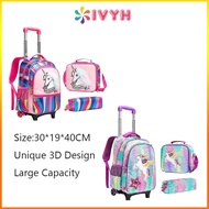 Ivyh Girls 3 IN 1 Trolley Bag Set with 2 Wheels - Unicorn School Bag, Lunch Shoulder Bag, and Pencil Case - Wheeled Rucksack for Kids