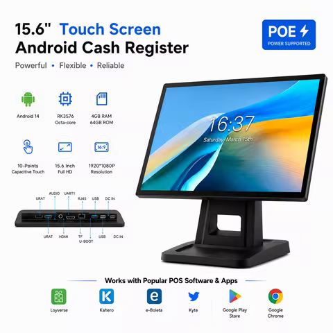 15.6 Inch 4G+64G Android 14 Cash Register, 1920*1080 FHD Touch Screen, Steel Stand POS Menu, SalesPl