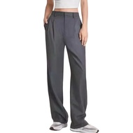 Women Suit Pants Button Zipper Fly Solid Color Suit Trousers with Pockets Straight Wide Leg Office L