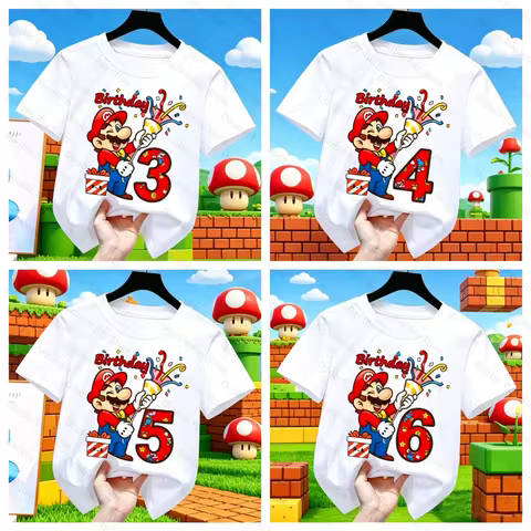 Super Mario Birthday 3 4 5 6 7 8 T-Shirt Kids Cartoon Cotton Tee Boys Girls Short Sleeve Tops Birthd