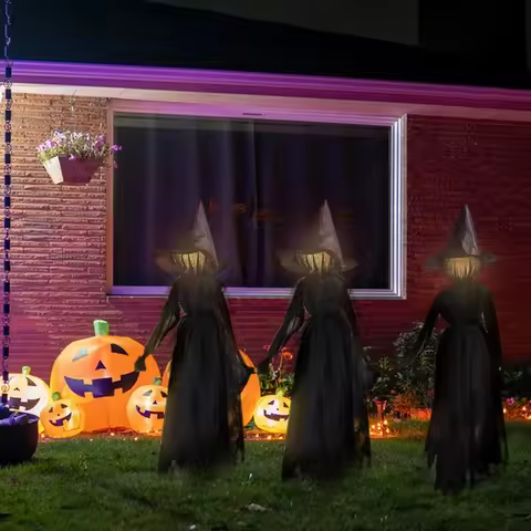 Halloween Witches Set Of 3 Witches 6 Feet Tall Witches Holding Hands Glowing Faces Outdoor Yard Hall
