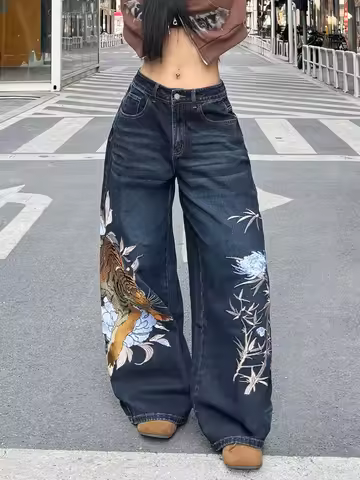 American Street Fashion Tiger And Flower Embroidery Style Pants, Dark Color, Versatile, Loose-Fittin