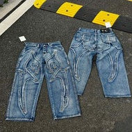 Thug Club 24FW 雷射拼接鐮刀刺繡牛仔褲 男 中腰寬鬆水洗垂感休閒闊腿褲