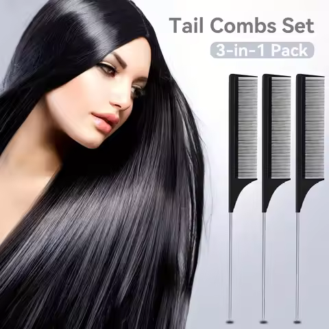 3pcs Hair Rat Tail Combs Set -Heat-Resistant plastic Comb, Fine-Tooth Detangling Brush with Black/Po