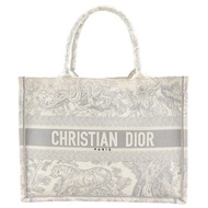 二手 Christian Dior Book Tote 中型手提包，Toile de Jouy 提花帆布材質，灰色。單肩背包/手提包，A4 尺寸。女士款。