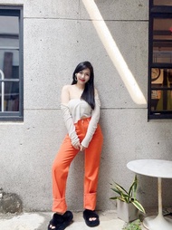 BIG JOHN 青春高飽和亮色橙橘 古著高腰丹寧牛仔長褲 vintage