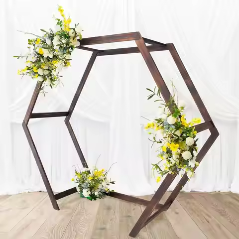 Rustic Elegant Hexagonal Wooden Backdrop Stand | Heavy Duty Brown Double Sided Wedding Arch