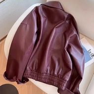 หลวมผู้หญิง Biker Jacket สีแดง Turn-down Collar เสื้อหนังฤดูใบไม้ร่วง Vintage คุณภาพสูงแฟชั่นชุดยาวแ