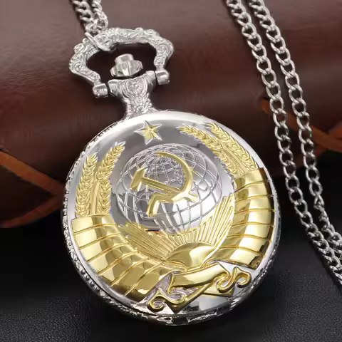 Republican Soviet Party Emblem Badge Silver Quartz Pocket Watch Vintage Steampunk Pendant Pendant Fa