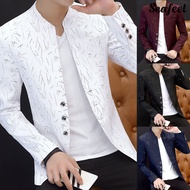 [SEA] Men Blazer Vintage Print Korean Style Spring Autumn Stand Collar Fake Pockets Buttons Blazer for Business