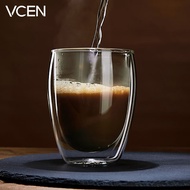 VCEN北欧双层泡茶杯家用耐热玻璃杯水杯单支隔热牛奶杯办公室咖啡杯子 圆款双层杯单支350ml