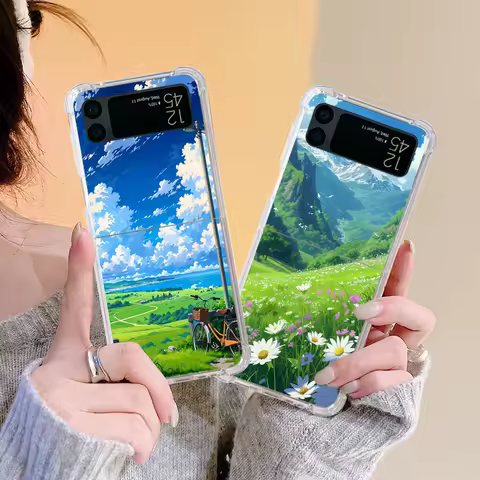 Flower Sea Purple Sky Case For Samsung Galaxy Z Flip 4 3 5 5G Funda Z Flip4 Clear PC Hard Luxury Bac
