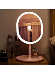 1入組橢圓形LED化妝鏡，台式紅色化妝鏡USB充電儀表燈鏡台式化妝鏡