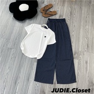 Set Áo Thun Thêu Tim Dáng Cộc Tay Kèm Quần Suông Ống Rộng Kẻ Sọc Cao Cấp - Ảnh Thật JUDIE.Closet