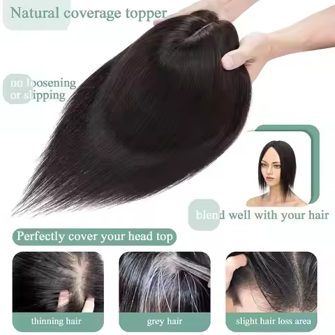 Women Machine Made Topper Human Hair Straight Silk Top Human Hair Wigs Clip in Remy Hair Toupee Silk