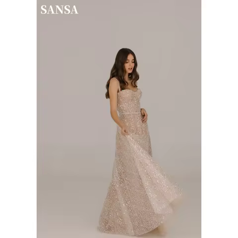 Sansa Champagne Beading A-line Prom Dress Shiny Spaghetti Strap Evening Dresses Sleeveless Vestidos 