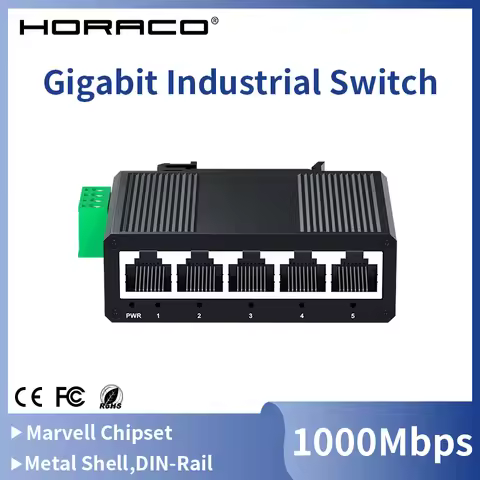 HORACO 5 Port Gigabit Industrial Switch 1000Mbps Mini Network Ethernet Switch DIN Rail Mounted Plug 