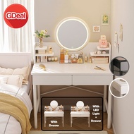 GDeal 80cm Bedroom Dressing Table Aesthetic Vanity Makeup Desk With Round Mirror LED Light Drawer