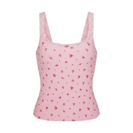 Kardashian Skims Floral Print Elastic Slim Fit Tank Top Lace Trim Sleeveless Strap Vest Pink Color S
