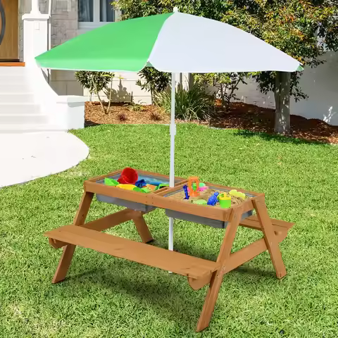 Kids Picnic Table, 4 in 1 Sand and Water Table w/Detachable Tabletop, 2 Removable Play Boxes, Foldab