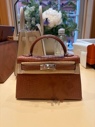 Mini Kelly 鱷魚皮 金棕銀扣