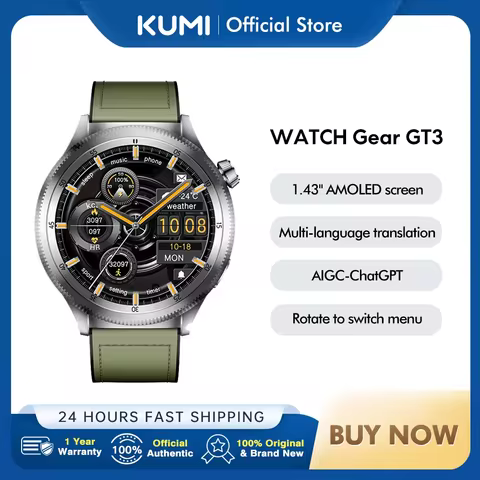 KUMI Gear GT3 Smart Watch 1.43" AMOLED Rotating Crown AI ChatGPT Voice Assistant Bluetooth Call Musi