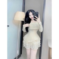 Set váy thời trang đi tiệc đi chơi áo trễ vai tay dài xẻ tà chất thun tăm co giản chân váy voan tơ p