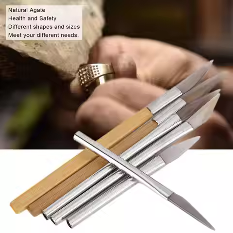 6pc Knife Edged Agate Burnisher Set Craft Polishing Tools Carving Precious Metal with Bamboo Iron Ha