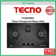 Tecno T738TRSV 3 Burner 76cm Tempered Glass Cooker Hob Gas Stove