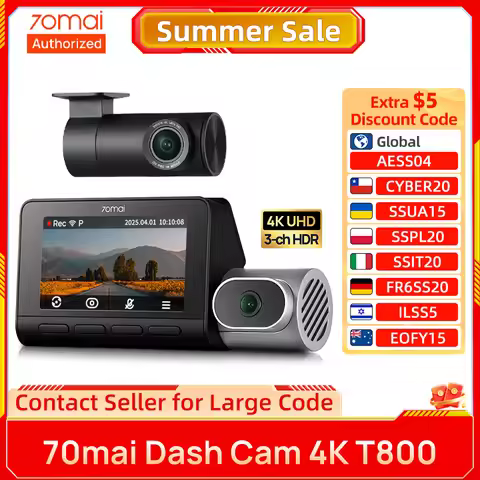 70mai 3-Channel 4K HDR Dash Cam T800 Supercapacitor 70mai Car DVR T800 Support Motion Detection Voic