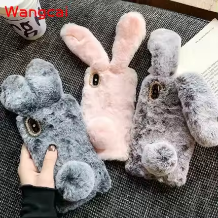 Cute 3D Rabbit Ears Fur Plush Case For OPPO Reno 12 12F 11F 11 A60 A17 A3 Pro A3 A78 A58 A18 A38 A79