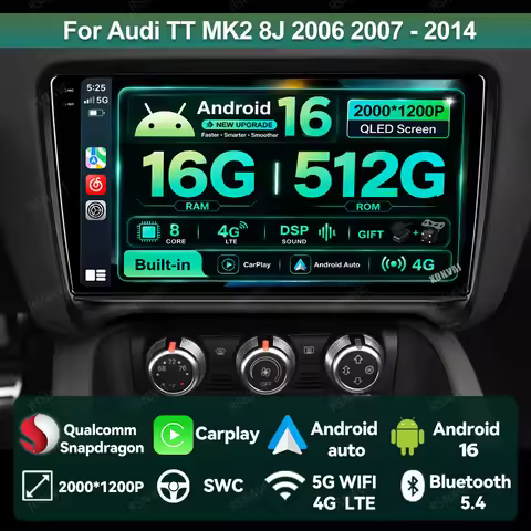 Car Radio Android 16 For Audi TT MK2 8J 2006 2007 - 2014 4G LTE 5G WIFI Head Unit QLED Autoradio Wir