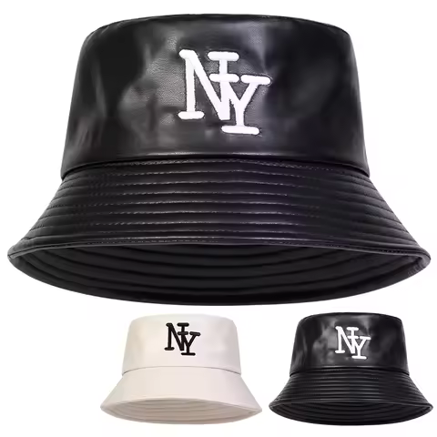 Unisex NY PU Leather Panama Fisherman Hat Outdoor Travel Hat Sunscreen Hats for Men Women Bucket Hat