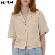 VONDA Women Korean V-Neck Lapel Solid Color Short Sleeves Stitching Color Blazer