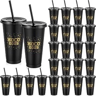 Honeydak 24 Sets 24 oz Hoco Plastic Cups with Lids and Straws Black Gold Hoco 2025 Drinking Cups Tum