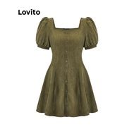 ✁ Lovito Vintage Plain Button Front Short Sleeves A-Line Mini Dress for Women L49ED109 (Dark Green)