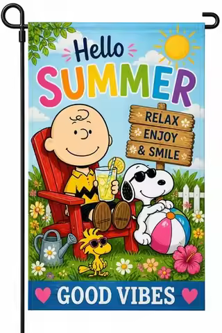 Vintage HELLO SUMMER Colorful Snoopy Charlie Brown Garden Flag Flag FL13 TTN