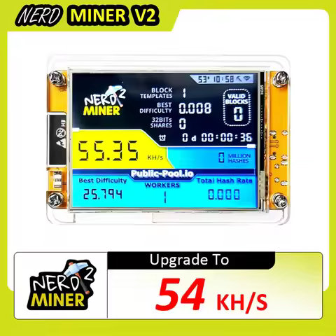 NerdMiner V2 Hashrate, Smart Display, Crypto Solo, Lottery, Nerd Miner, Bitcoin Miner ESP32-2432S028