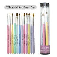 12Pcs Professional Nail Brushes Set Colorful Handle Nail Art Pen Line Painting Brushes Uv Gel Drawin