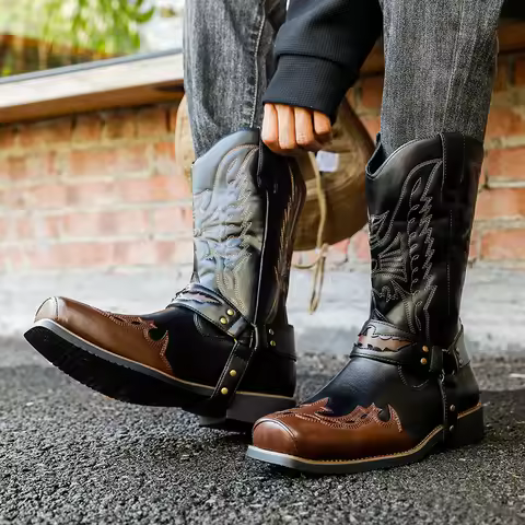2025 New Retro Men Boots Embroidered Men Mid-calf Boots Size 46 Botas Western Cowboy Boots Black Bro
